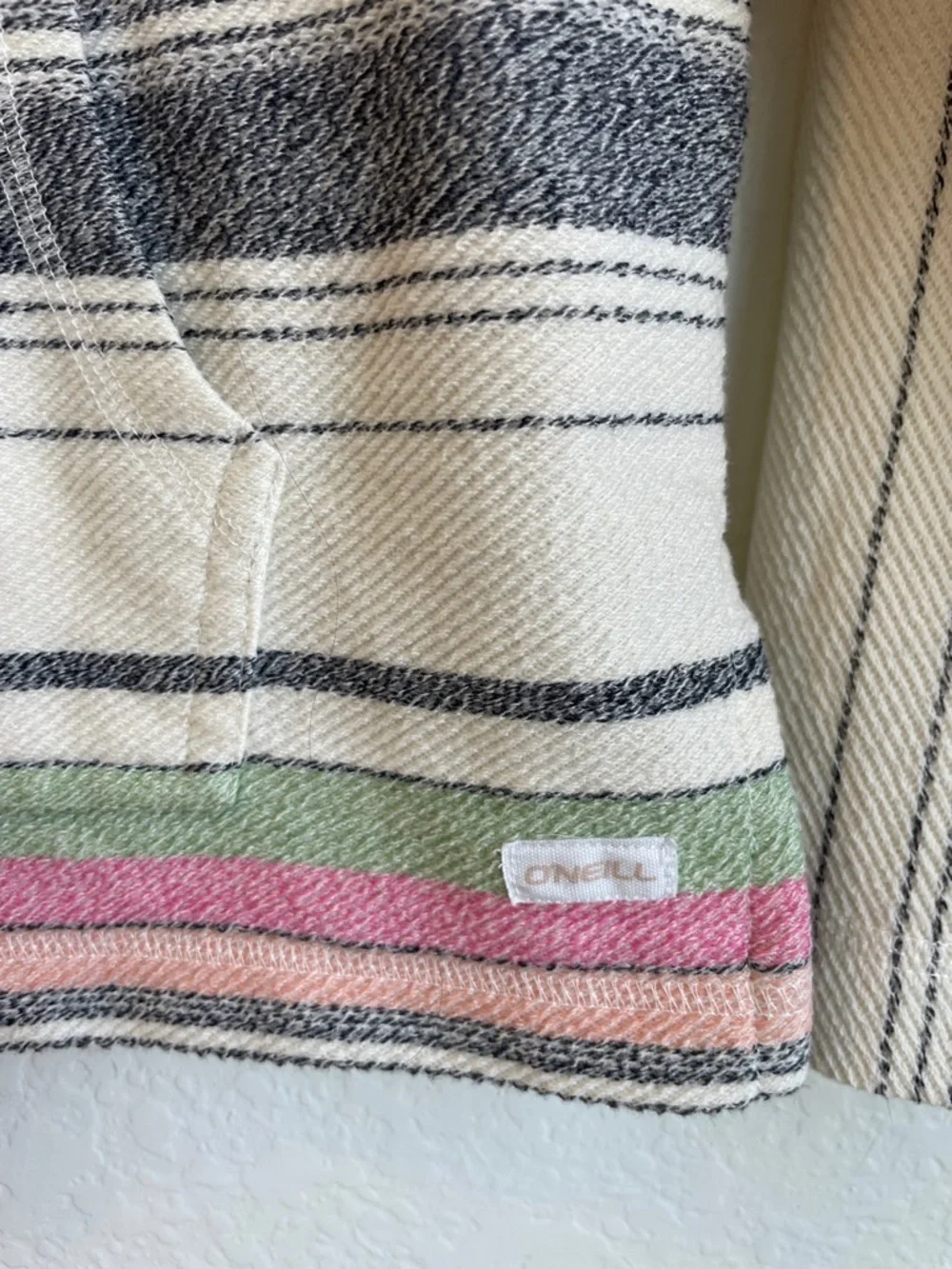 O'Neill Cream Striped Pullover with Pink and Green Accents